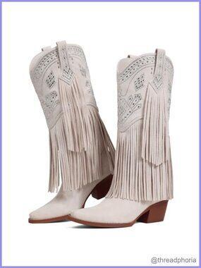 Wide Calf Cowgirl Knee High Fringe Boots for Women Pointed Toe Block Heel